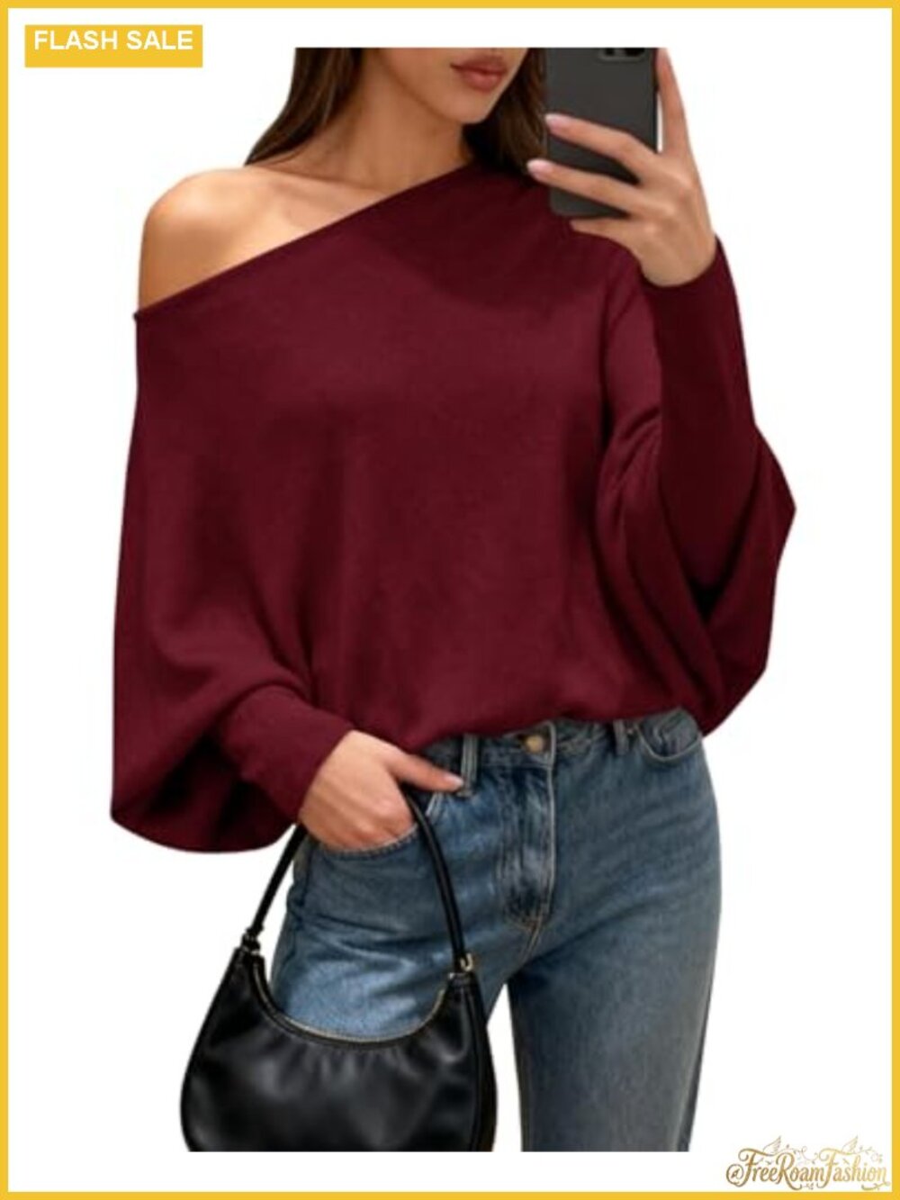Off The Shoulder Batwing Knit Sweater Oversized Loose Fit Fall Winter Pullover